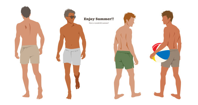 水着姿の男性のイラスト素材セット ベクター 夏 海 プール リゾート ビーチボール