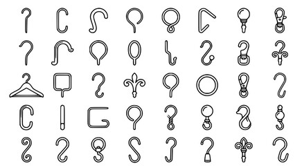 Fototapeta premium Collection of metal hooks and hardware fasteners in minimalist black line art vector style for storage solutions and organizational design projects