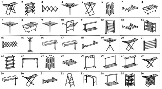 Comprehensive set of foldable laundry drying rack designs for household organization illustration
