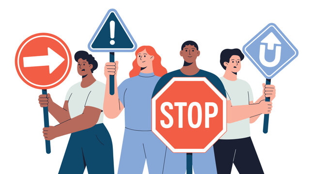 Diverse group of people holding various important road safety signs against a plain white background
