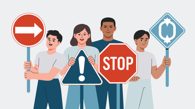 Diverse group of people holding various essential traffic guidance signs against a plain white background