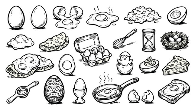 Various hand-drawn egg illustrations showcase different forms, from whole and cracked to fried, scrambled, and omelets, on a clean white background