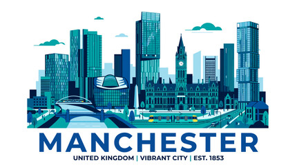 Fototapeta premium Manchester United Kingdom Skyline with Historic Town Hall and Modern Towers in Blue and Teal Flat Vector Illustration