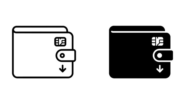 Wallet Icon Set: A set of minimalist icons representing a wallet, complete with a credit card slot and a fastening tab, available in both outline and solid black styles.