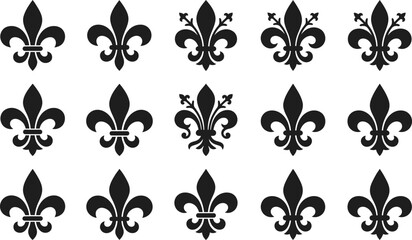 Fleur de Lis Icon Set with Heraldic Lily Symbols Decorative Floral Emblems and Classic Monochrome Vector Collection © Sakibul