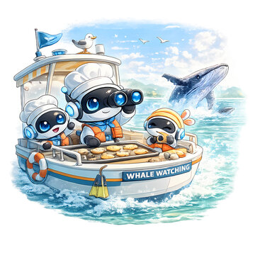 whale watching robots, robots observing whales, futuristic ocean exploration, friendly robots, sunny day at sea, artificial intelligence adventure, marine wildlife observation, robotic explorers, whal