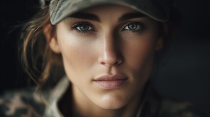 Fototapeta premium close up portrait of young woman soldier in military uniform