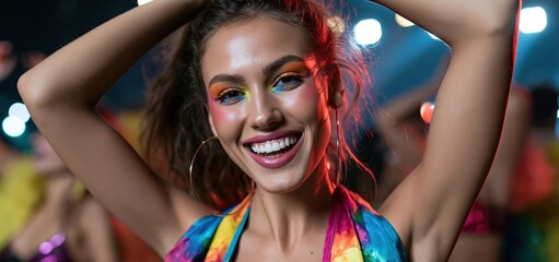 Fototapeta premium At a festive carnival, a joyful performer showcases vibrant costume and expressive makeup, radiating theatrical energy.