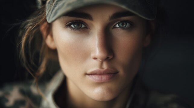 close up portrait of young woman soldier in military uniform