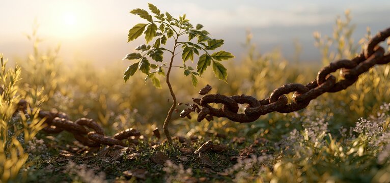 A young tree sprouting through broken chains in a sunlit meadow representing liberation and hope.