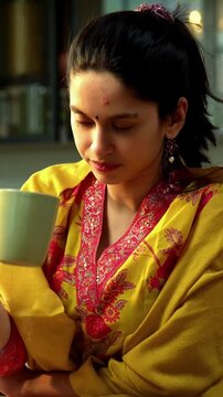 Indian Asian happy and pretty young girl in her twenties wearing salwar kameez and shawl, enjoying hot coffee or beverage in a modern kitchen with warm morning sunlight streaming in