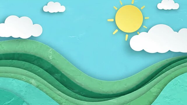 A flat paper cut landscape motion graphic with gentle layered shape shifting and soft shadows