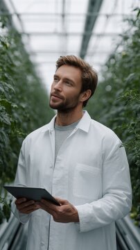 scientist with tablet pc in a modern greenhouse between rows with growing plant