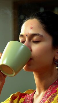 Indian Asian happy and pretty young girl in her twenties wearing salwar kameez and shawl, enjoying hot coffee or beverage in a modern kitchen with warm morning sunlight streaming in