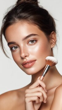 Woman with natural makeup with make up brush