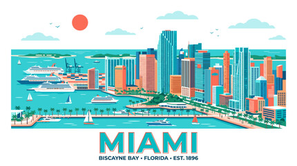 Fototapeta premium Miami Florida Skyline Vector Illustration with Biscayne Bay Waterfront in Modern Flat Style, Turquoise, Coral, Aqua and Warm Peach Color Palette