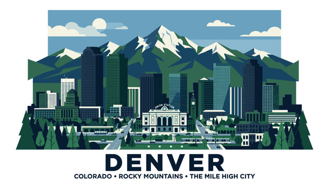 Denver Colorado Skyline Vector Illustration with Rocky Mountains and Colorado State Capitol in Modern Flat Style, Forest Green, Emerald, Slate Blue and Snow White Color Palette