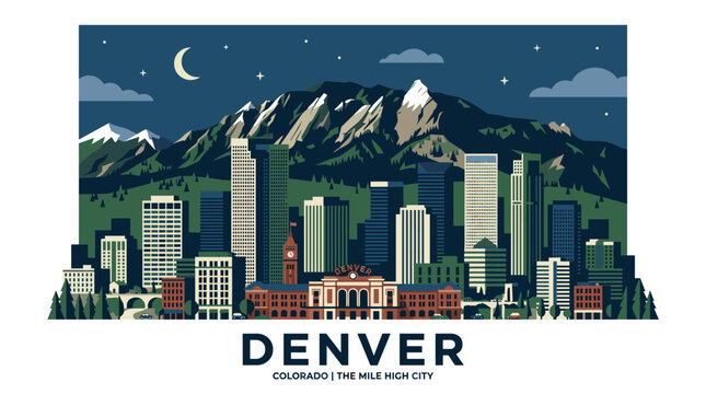 Denver Colorado Skyline Vector Illustration in Flat Night Retro Style with Rocky Mountains and Deep Green Blue Color Palette