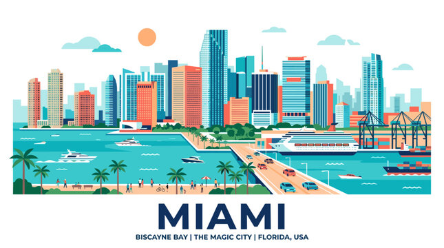 Miami Florida Skyline Vector Illustration in Flat Modern Coastal Style with Turquoise and Coral Color Palette