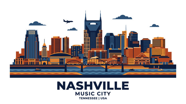 Nashville Tennessee Skyline Vector Illustration Featuring Downtown Landmarks in Modern Flat Style, Warm Orange, Copper, Beige and Deep Navy Blue Color Palette