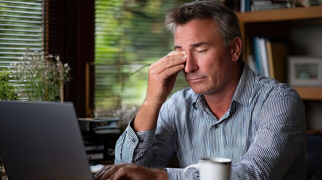Man sits at computer and rubs his eyes while working in home office during morning hours on a typical weekday