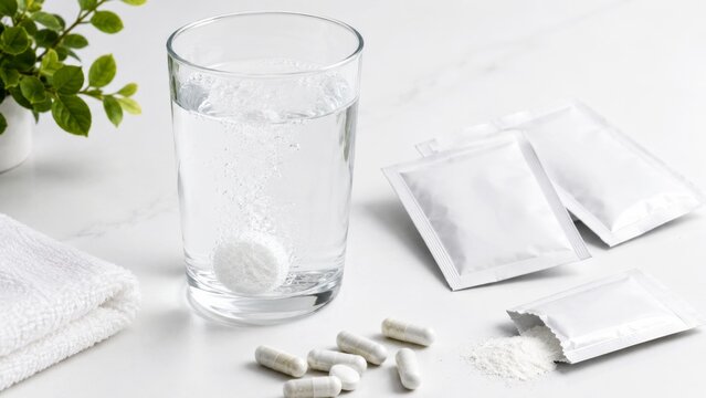 A glass of effervescent drink tablet dissolving in water, accompanied by capsules and packets, set against a clean, minimalist background.
