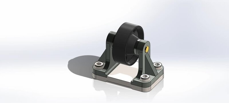 Industrial pulley wheel assembly cad 3d model rotating on white background for engineering manufacturing animation.