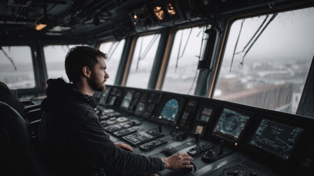 a sailor controls a large cargo ship on the captain's bridge