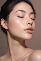 Obraz premium Close-up of a woman with flawless skin and closed eyes, serene expression.