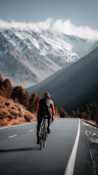 back view of man riding bicycle on beautiful mountain road