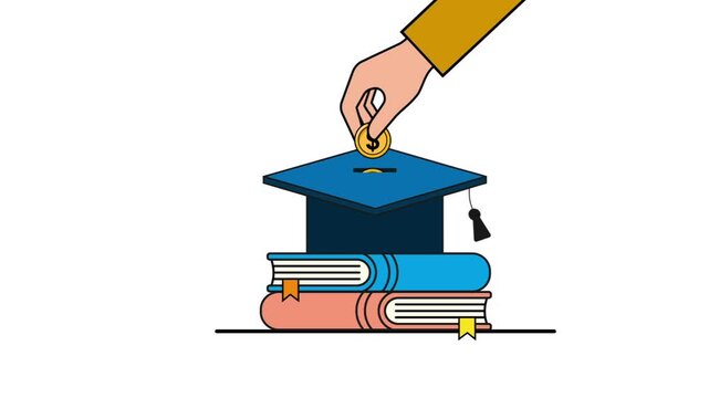 Hand placing a gold coin into a graduation cap on books.