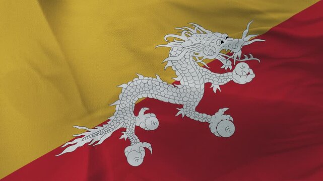 Bhutan National Flag Waving with White Dragon Emblem