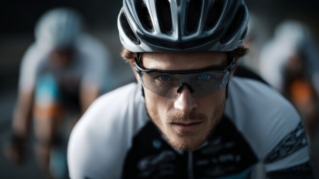 professional cyclist takes part in a competition, other sportsmen on the background