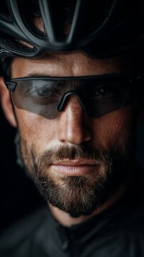 portrait of professional cyclist in sunglasses and helmet