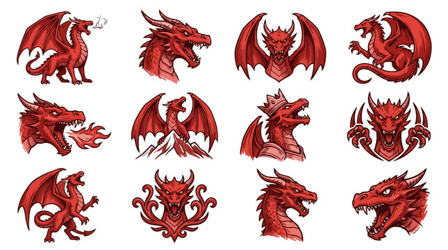 Collection of red dragon mascot logos and emblems.