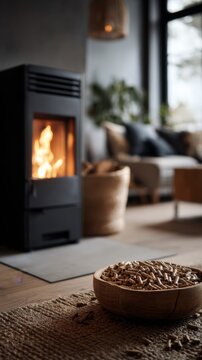 Wood pellets and stove with burning pellets in modern house