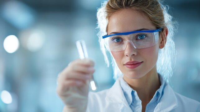 scientist in modern laboratory, wearing white lab coat and safety glasses, holding test tube