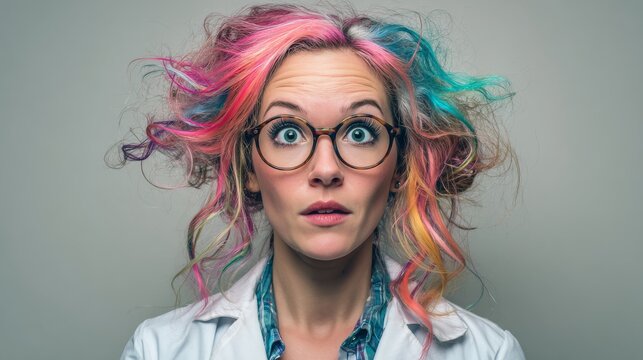 Eccentric female scientist with colorful hair streaks