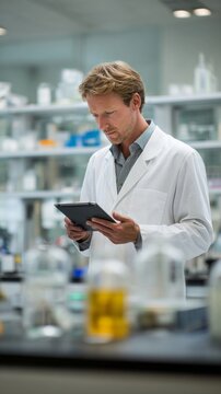 Male scientist analyzing data on tablet in laboratory