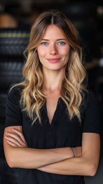 Friendly tire saleswoman with crossed arms