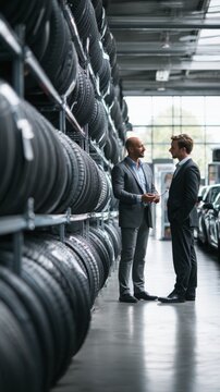 Tire salesman talking to customer in showroom
