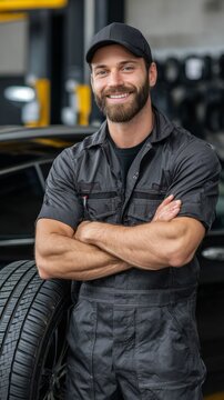 Happy tire salesman standing in tire shop