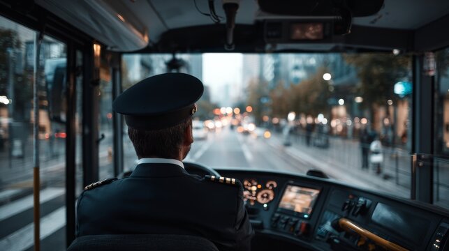 back view of driver in uniform driving modern public bus in modern city