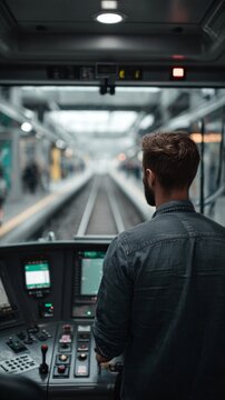 back view of modern subway train driver