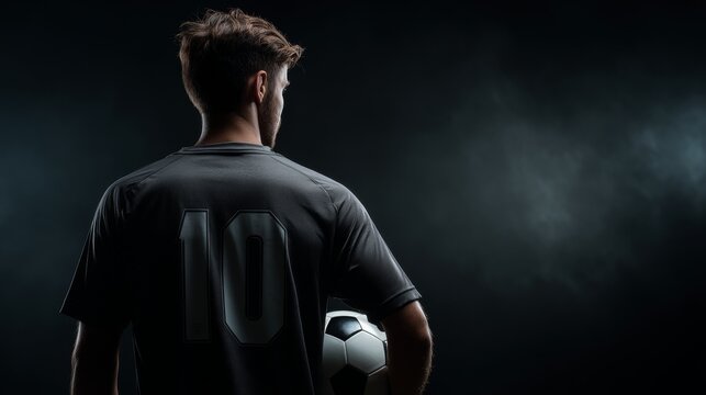 back view of soccer player in shirt with number 10 on the back holding soccer ball in dramatic light on the dark background with copyspace