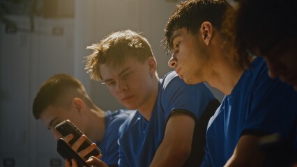 Fototapeta premium Young Male Athletes in Soccer Kits Gathered Together on Bench in Locker Room, Looking Mobile Phone and Discussing Something With Smiles. Concept of Youth Connectivity, Team Unity, and Digital Sharing.