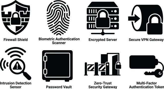 Cybersecurity and Network Protection Icons Set with Firewall Encryption VPN and Authentication