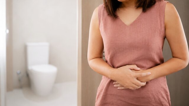 A woman in a pink shirt clutches her stomach, looking uncomfortable, with a bathroom visible in the background.