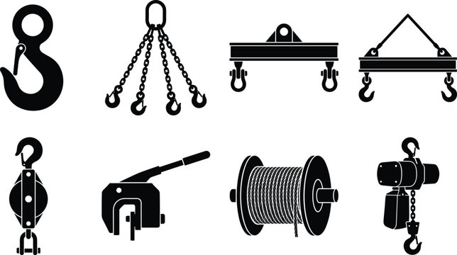 Industrial Lifting Equipment Silhouette Set with Hooks Pulleys Winches and Hoisting Components