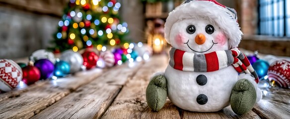 Fototapeta premium A joyful snowman with striped scarf and green mittens sits amid vibrant holiday decorations on a warm wooden surface.